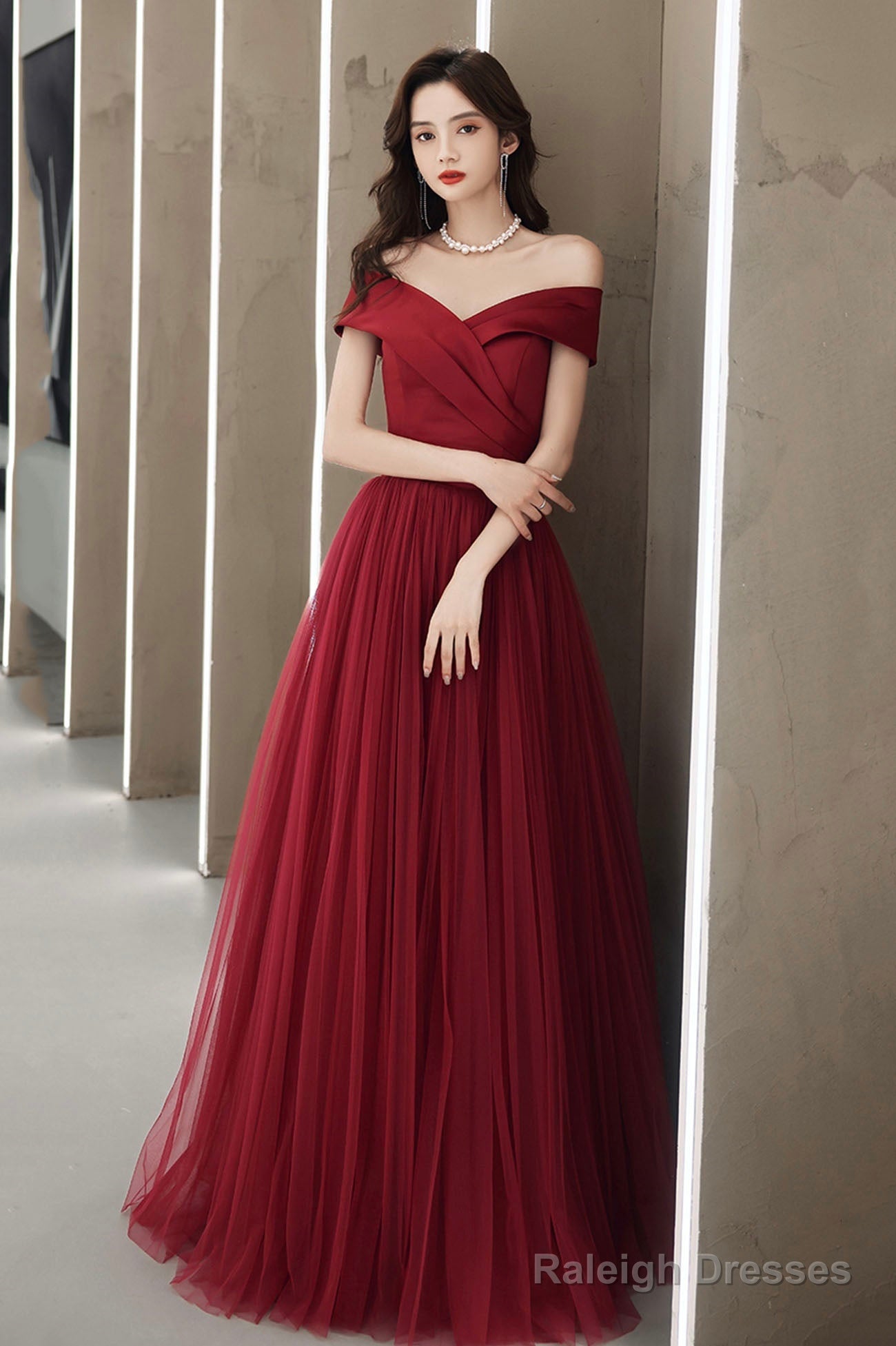 Burgundy Off The Shoulder Tulle Long Prom Dress, A-Line Evening Party Dress
