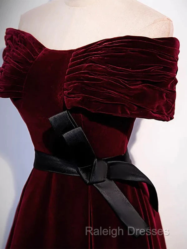 Burgundy Off The Shoulder Velvet Long Prom Dress