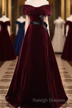 Burgundy Off The Shoulder Velvet Long Prom Dress