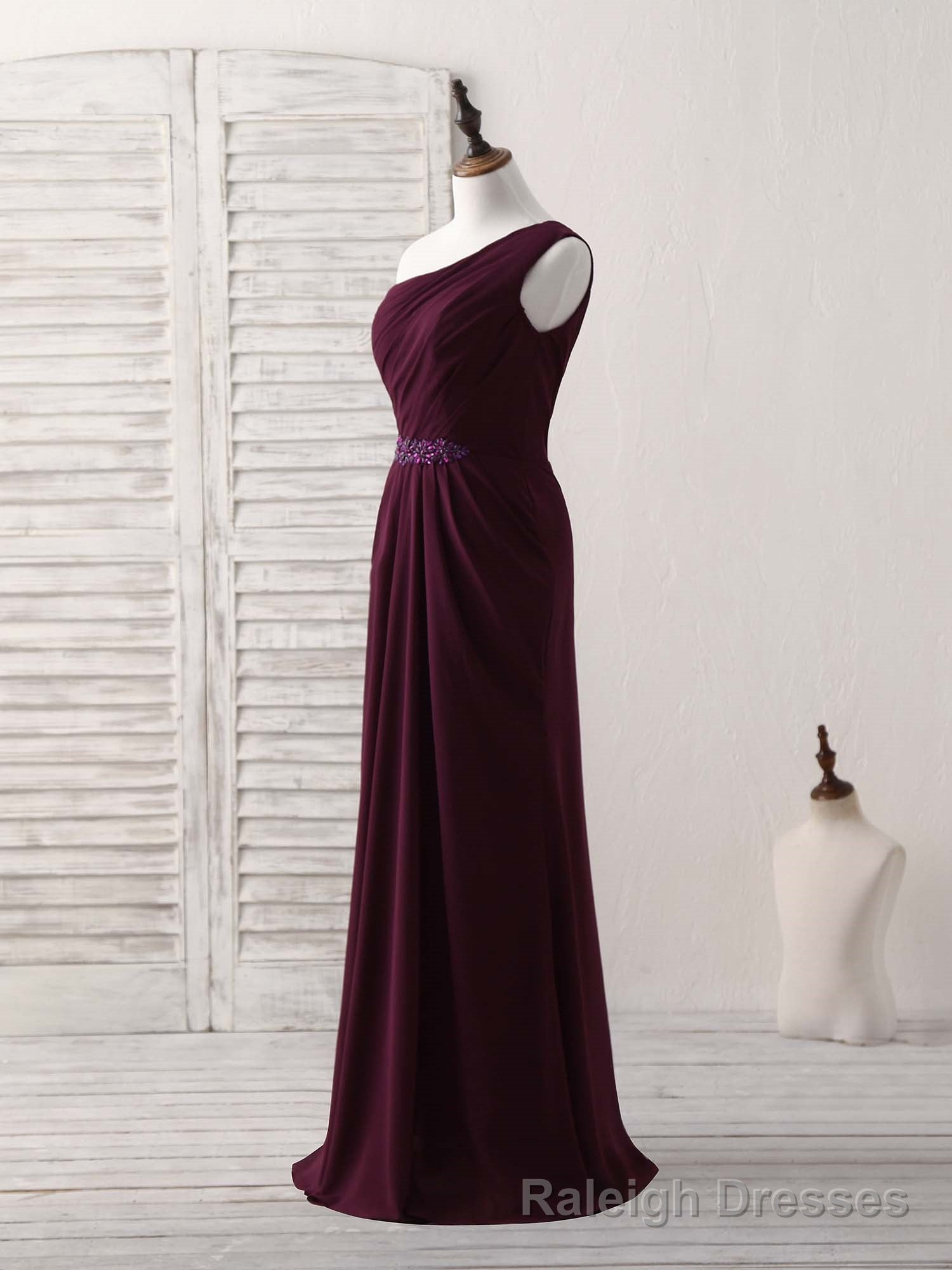 Burgundy One Shoulder Chiffon Mermaid Long Prom Dresses Secondary image