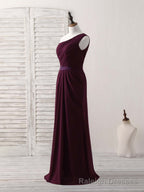Burgundy One Shoulder Chiffon Mermaid Long Prom Dresses