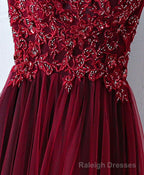 Burgundy One Shoulder Long Prom Dress, Lace Prom Dress