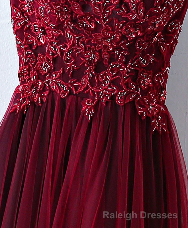 Burgundy One Shoulder Long Prom Dress, Lace Prom Dress