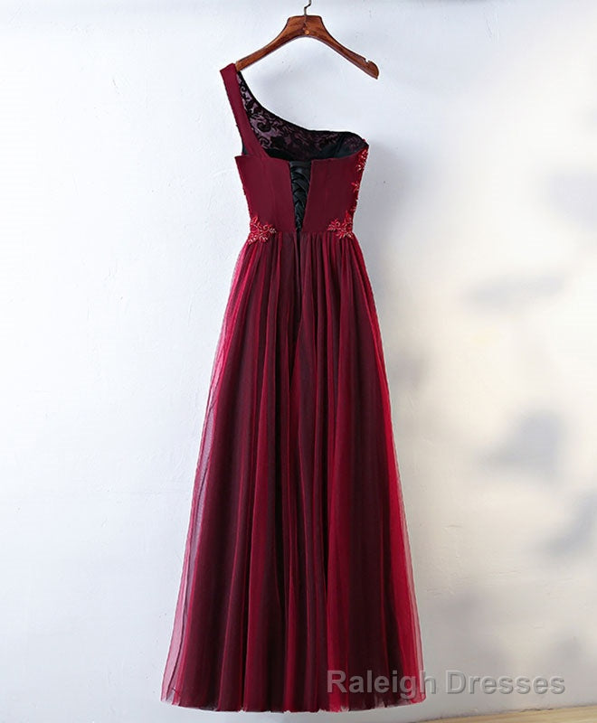 Burgundy One Shoulder Long Prom Dress, Lace Evening Dress