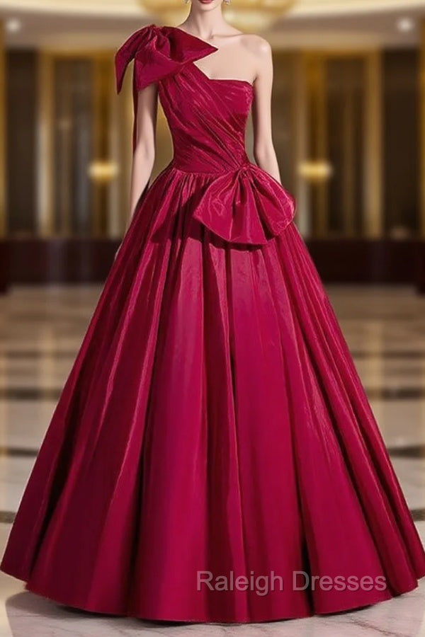Burgundy One Shoulder Pleats Prom Dress Main image
