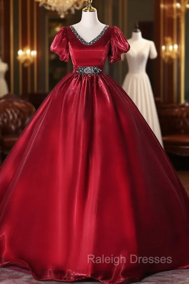 Burgundy Organza V-neck Puff Sleeve Beading Quinceanera Dress Main image