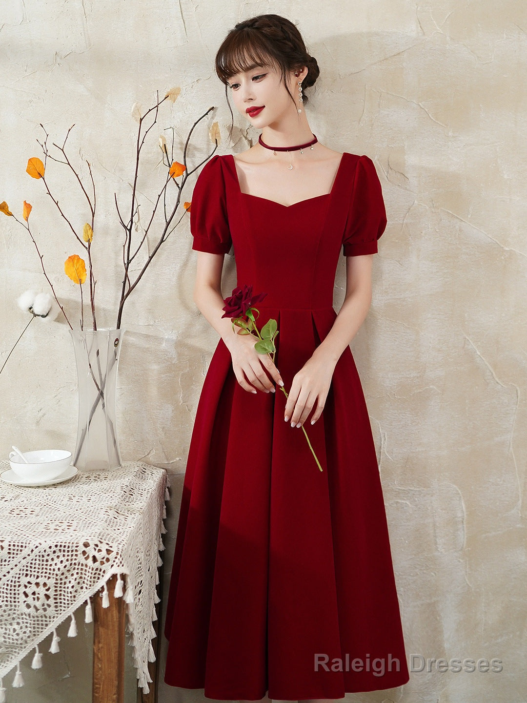 Burgundy Prom Dresses Short Sleeve Midi Dresses Satin Homcoming Dresses Secondary image