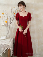 Burgundy Prom Dresses Short Sleeve Midi Dresses Satin Homcoming Dresses