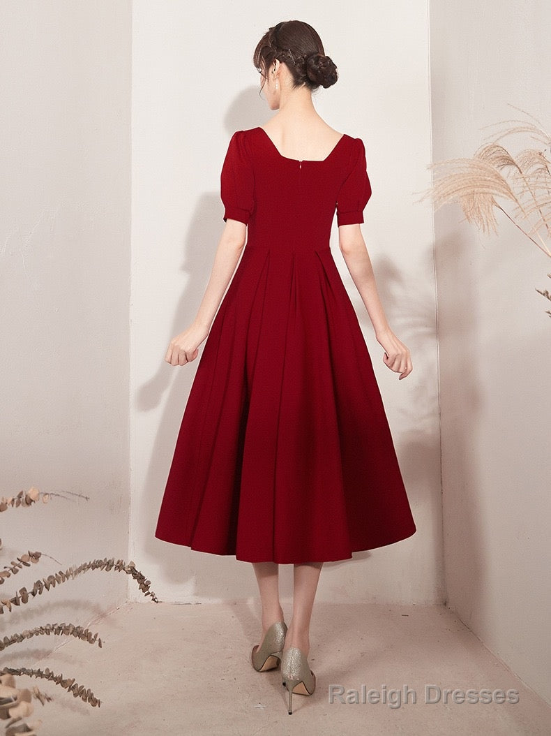 Burgundy Party Dress, Short Sleeve Midi Dress,Satin Homcoming Dress