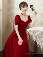 Burgundy Party Dress, Short Sleeve Midi Dress,Satin Homcoming Dress