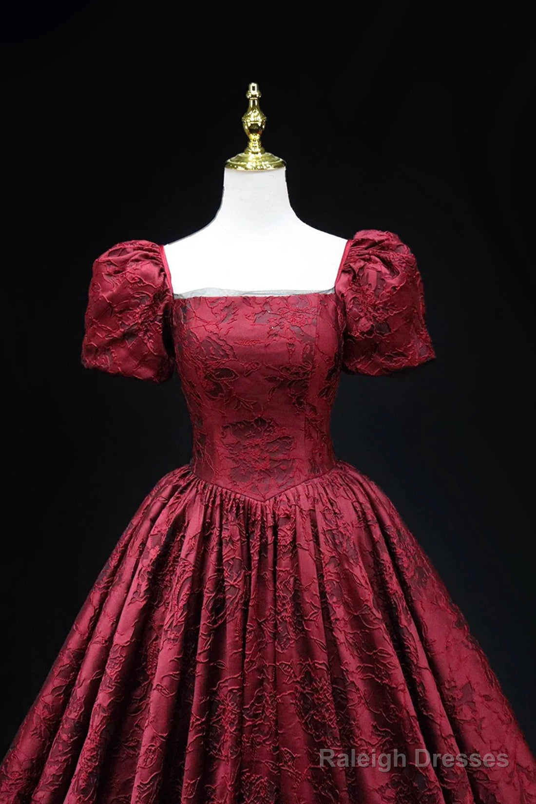 Burgundy Printed Long A-Line Prom Dress, A-Line Short Sleeve Formal Evening Dress Secondary image