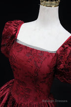 Burgundy Printed Long A-Line Prom Dresses A-Line Short Sleeve Prom Dresses