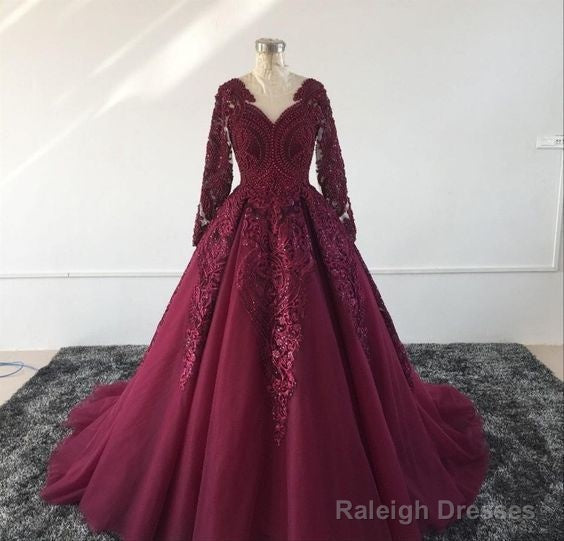 Burgundy Prom Dress With Train , Lace Prom Dress