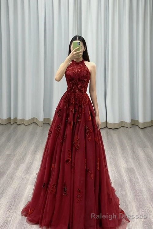 Burgundy Prom Dresses A Line Halter Tulle Evening Dresses