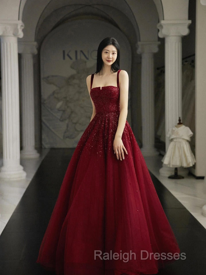 Burgundy Prom Dresses A Line Straps Tulle Evening Dresses Secondary image
