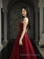 Burgundy Prom Dresses A Line Straps Tulle Evening Dresses