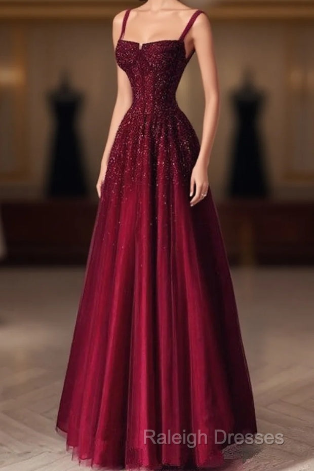 Burgundy Prom Dresses A Line Straps Tulle Evening Dresses Main image
