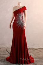 Burgundy Prom Dresses Bodycon Velvet Long Formal Dresses with Embroidered Beadings