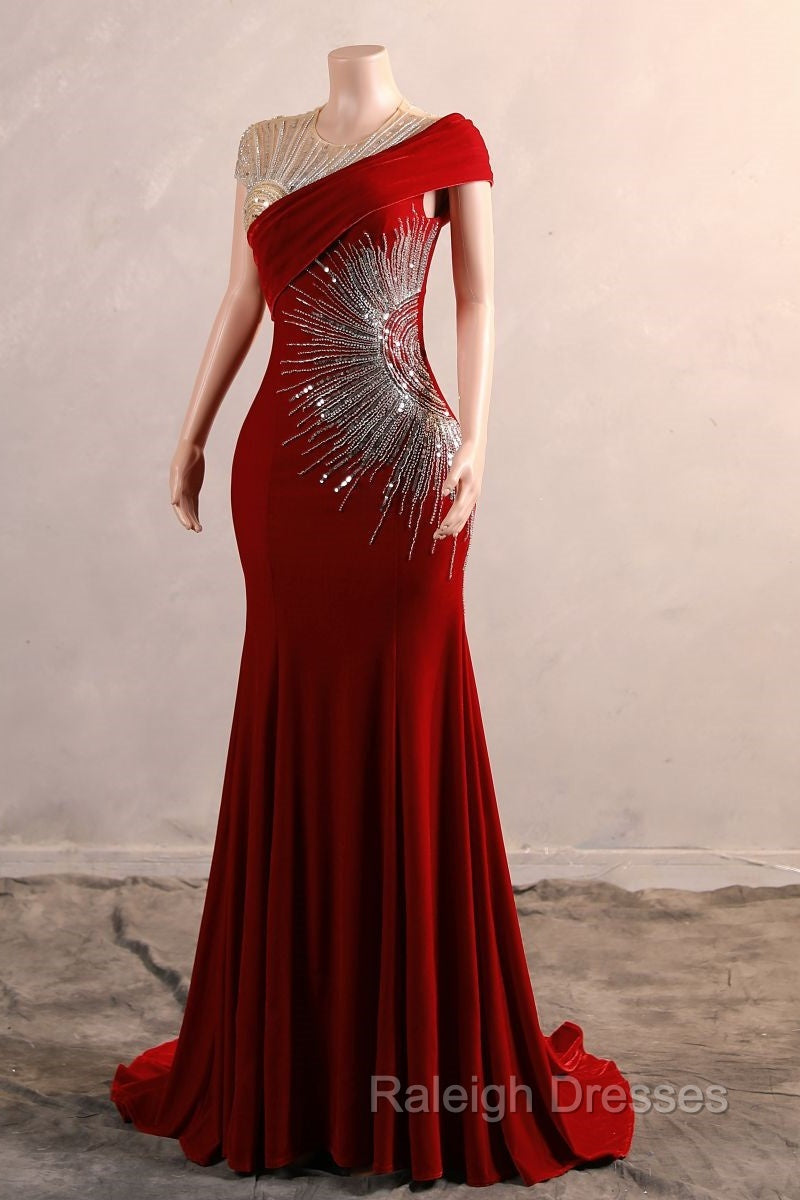 Burgundy Prom Dresses Bodycon Velvet Long Formal Dresses with Embroidered Beadings