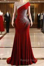 Burgundy Prom Dresses Bodycon Velvet Long Formal Dresses with Embroidered Beadings