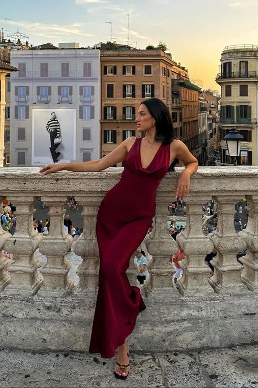 Burgundy Prom Dress Deep V Neck Prom Dresses
