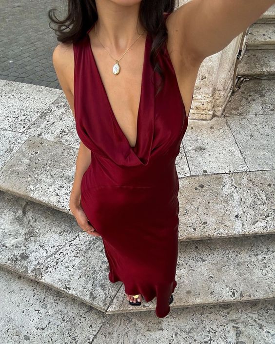 Burgundy Prom Dress Deep V Neck Prom Dresses