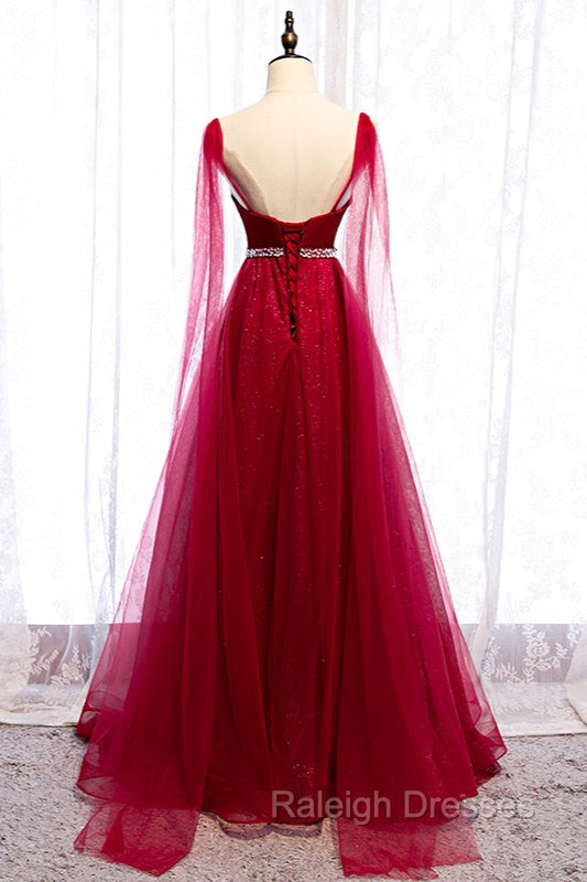 Burgundy Prom Dresses, Spagetti-Strap Sleeveless Prom Dress Tulle Ruffles with Beadings