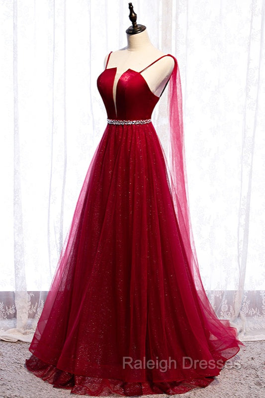 Burgundy Prom Dresses, Spagetti-Strap Sleeveless Prom Dress Tulle Ruffles with Beadings