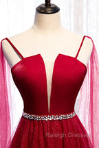 Burgundy Prom Dresses, Spagetti-Strap Sleeveless Prom Dress Tulle Ruffles with Beadings