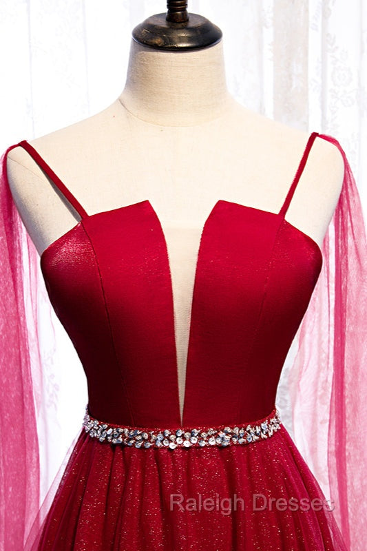 Burgundy Prom Dresses, Spagetti-Strap Sleeveless Prom Dress Tulle Ruffles with Beadings