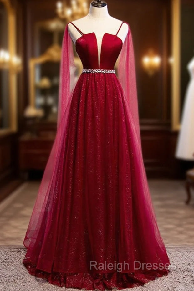 Burgundy Prom Dresses, Spagetti-Strap Sleeveless Prom Dress Tulle Ruffles with Beadings Main image