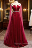 Burgundy Prom Dresses, Spagetti-Strap Sleeveless Prom Dress Tulle Ruffles with Beadings
