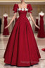 Burgundy Puff Sleeve Flower Prom Dress
