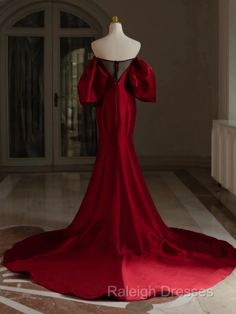 Burgundy Puff Sleeves Satin Burgundy Long Prom Dress, Burgundy Long Formal Dress Secondary image