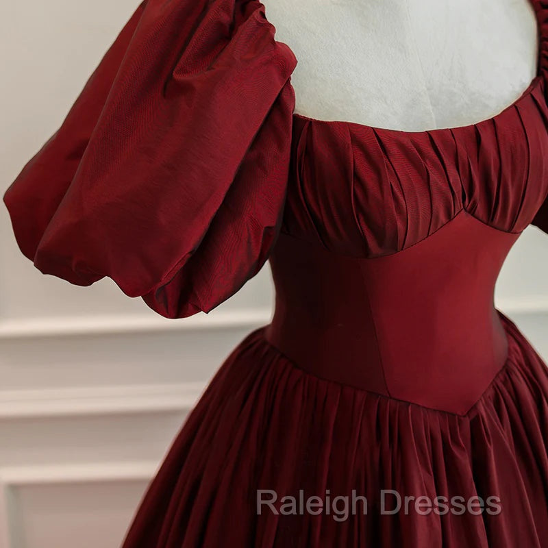 Burgundy Puffy Sleeves Taffeta Long Prom Dresses Floor Length Sweetheart Prom Dresses