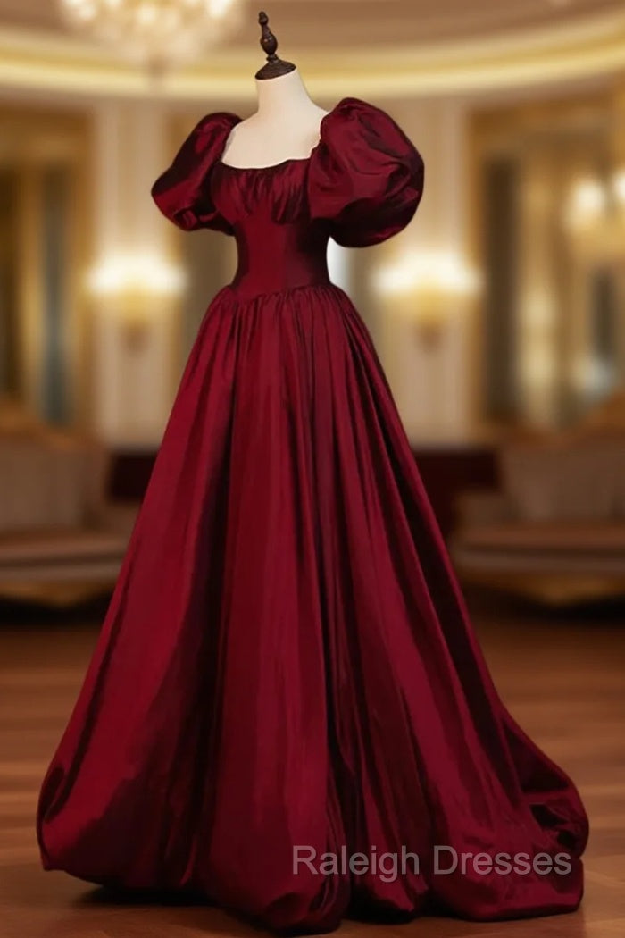 Burgundy Puffy Sleeves Taffeta Long Prom Dress, Floor Length Sweetheart Party Dress