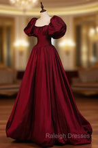 Burgundy Puffy Sleeves Taffeta Long Prom Dresses Floor Length Sweetheart Prom Dresses