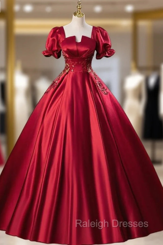 Burgundy Red Satin Short Sleeve Appliques Quinceanera Dress