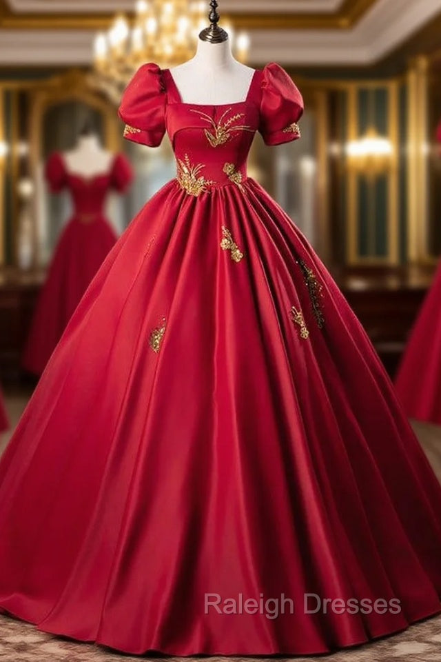Burgundy Red Satin Short Sleeve Square Appliques Quinceanera Dress