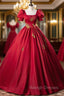 Burgundy Red Satin Short Sleeve Square Appliques Quinceanera Dress