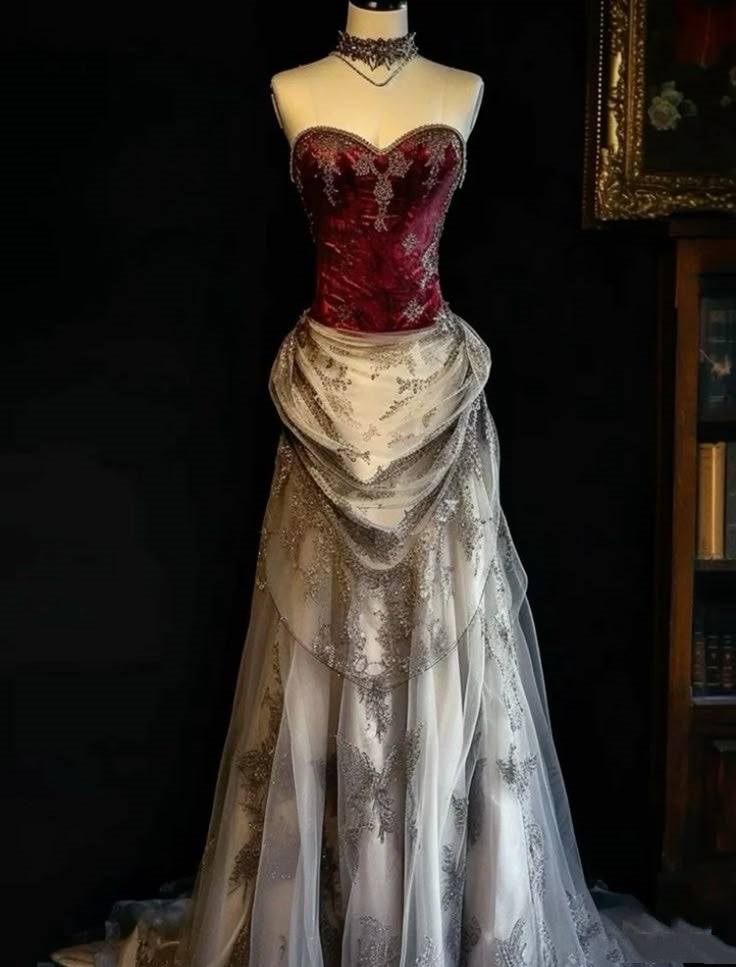 Burgundy Retro Fashion Long Tulle Satin Lace Ball Gowns Prom Dresses PROM Dresses Main image