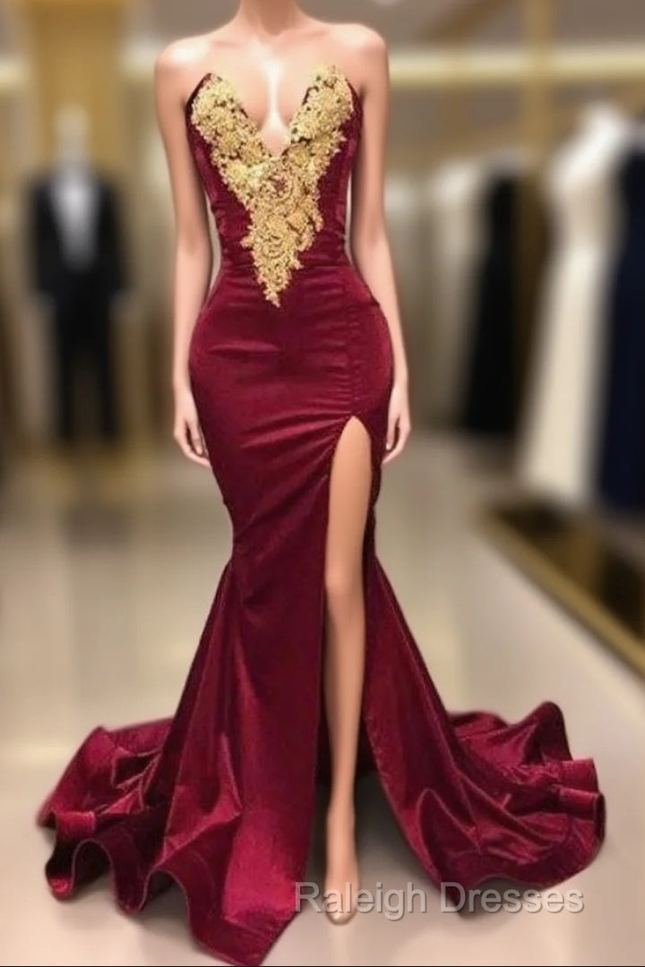 Burgundy Robe De Soiree Mermaid Sweetheart Appliques Beaded Slit Sexy Long Prom Dresses Prom Gown Evening Dresses Main image