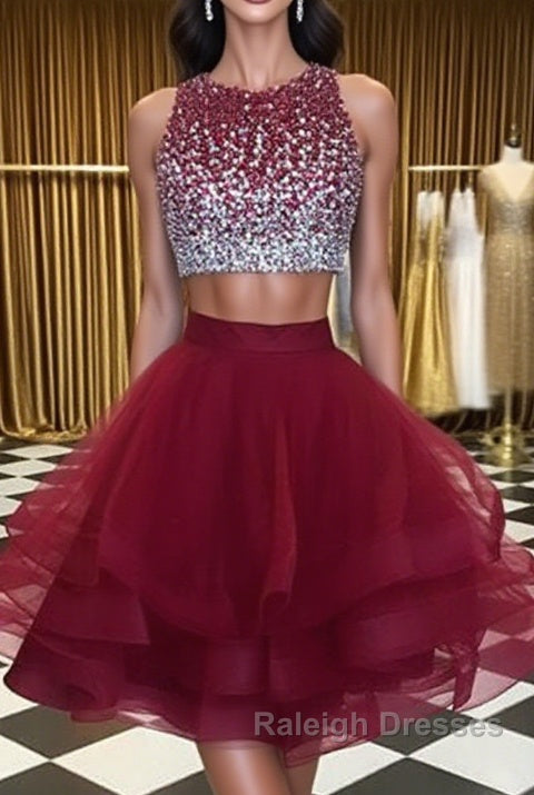 Burgundy Round Neck 2 Pieces Sequins Tulle Short Prom Dress, 2 Pieces Burgundy Homecoming Dress, Graudation Dress Main image