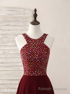 Burgundy Round Neck Chiffon Beads Long Prom Dress