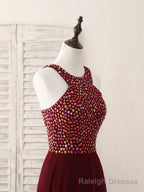 Burgundy Round Neck Chiffon Beads Long Prom Dress