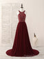 Burgundy Round Neck Chiffon Beads Long Prom Dress