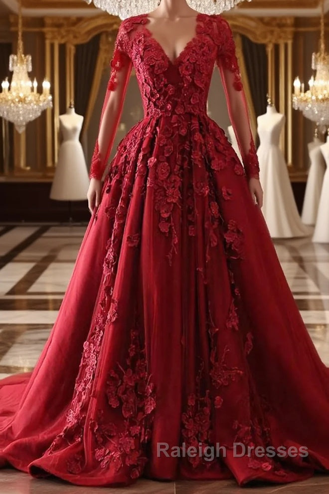 Burgundy round neck lace long prom dress burgundy evening dress Main image