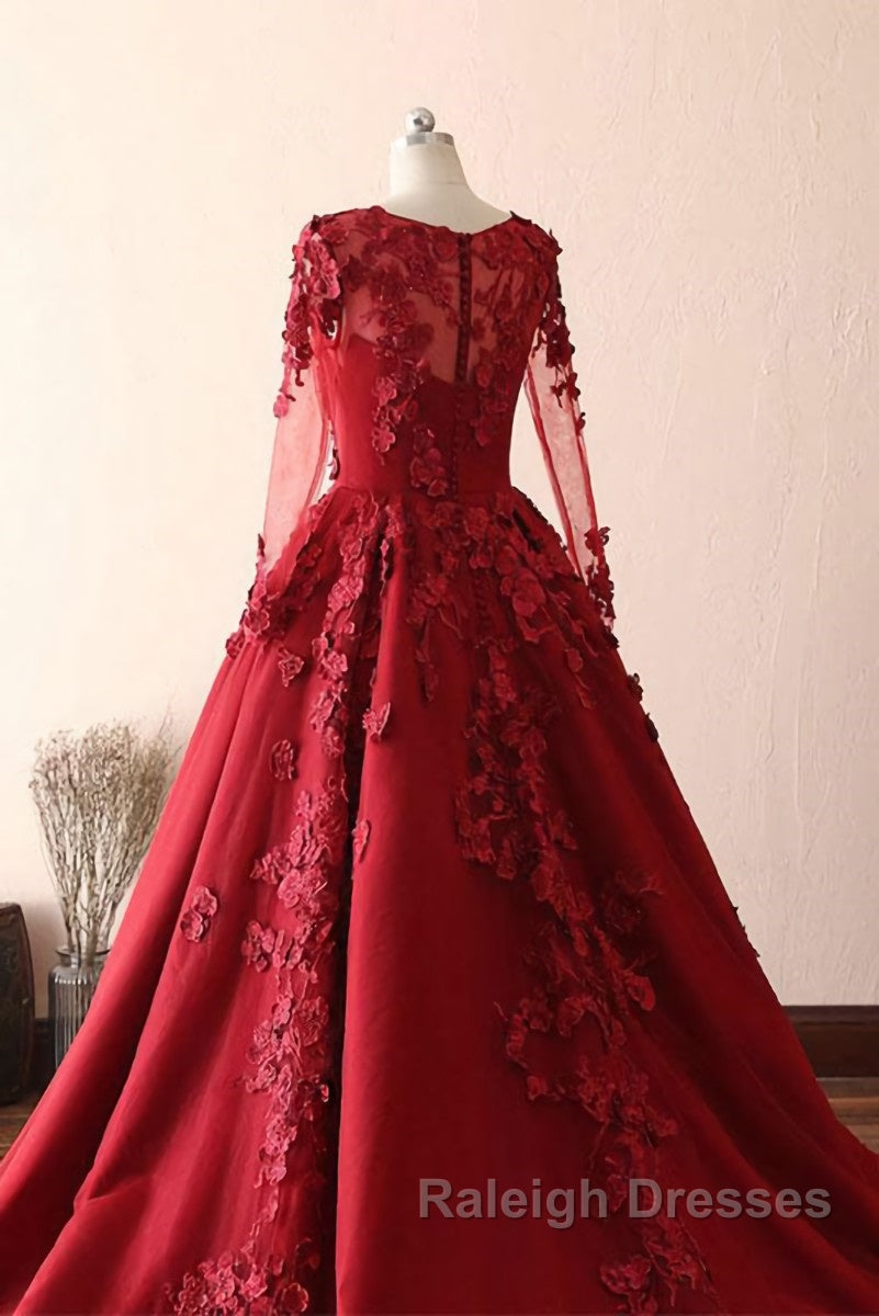 Burgundy round neck lace Prom Dresses Long burgundy Prom Dresses