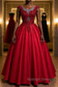 Burgundy round neck lace satin long prom dress burgundy evening dress