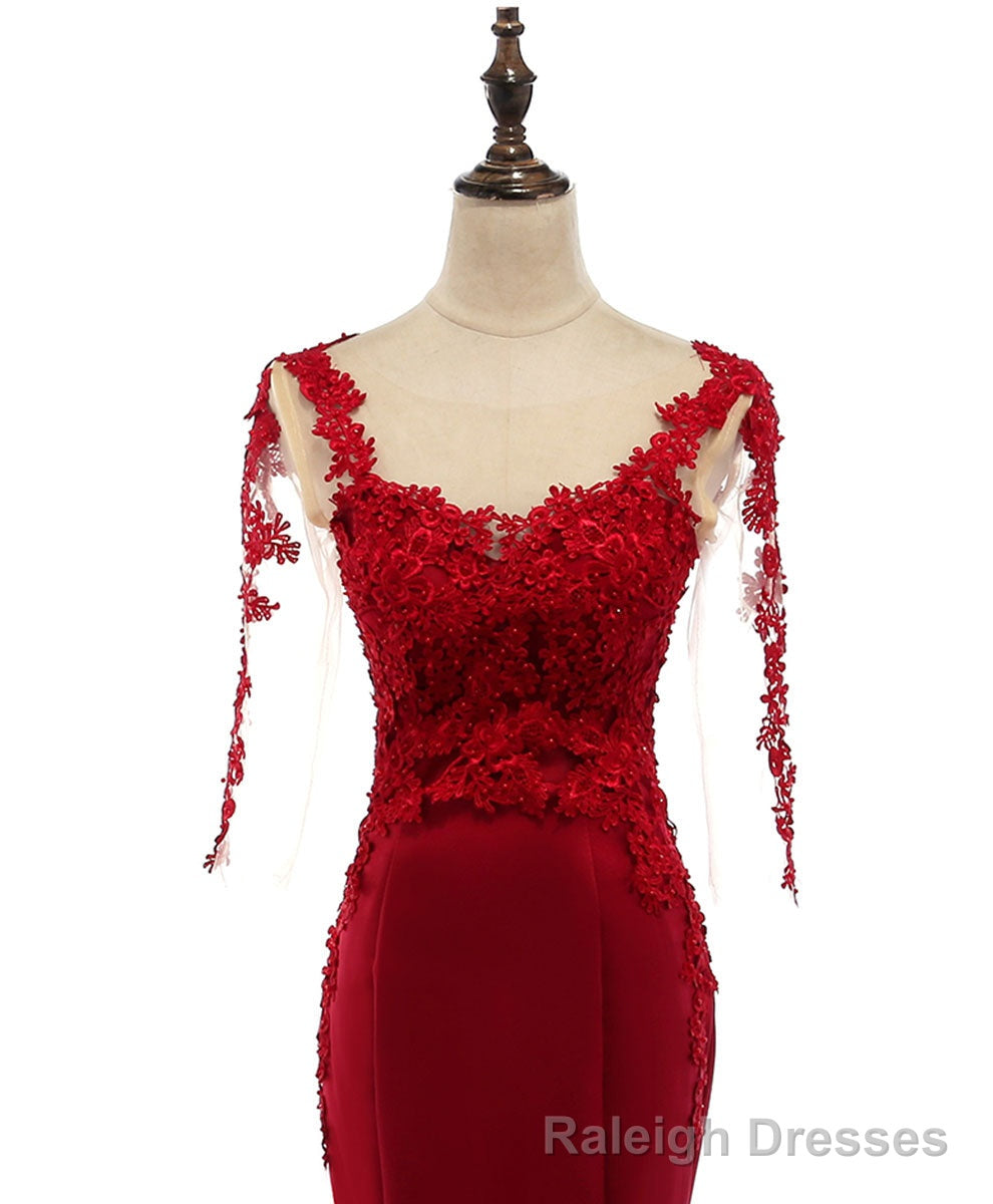 Burgundy Round Neck Lace Satin Mermaid Long Prom Dress Lace Formal Dress